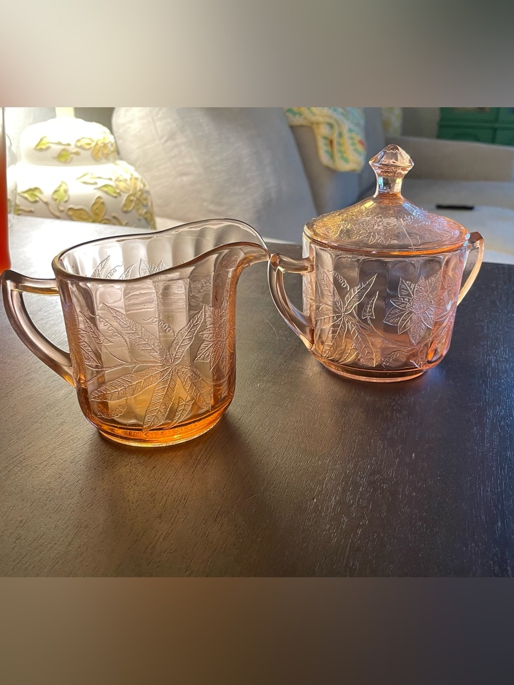 Pink Depression Glass Creamer and Covered Sugar Set - Jeanette Glass